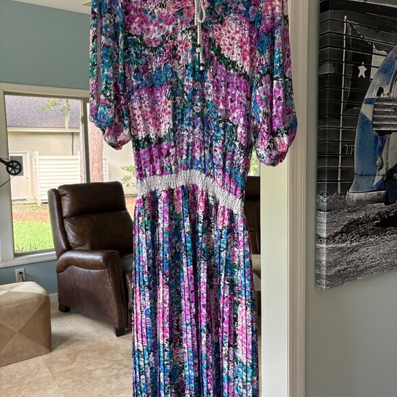 Vintage Diane Freis Georgette Dress | OSFM | 80s Boho Chic Beaded Pleated Polka - Picture 13 of 16
